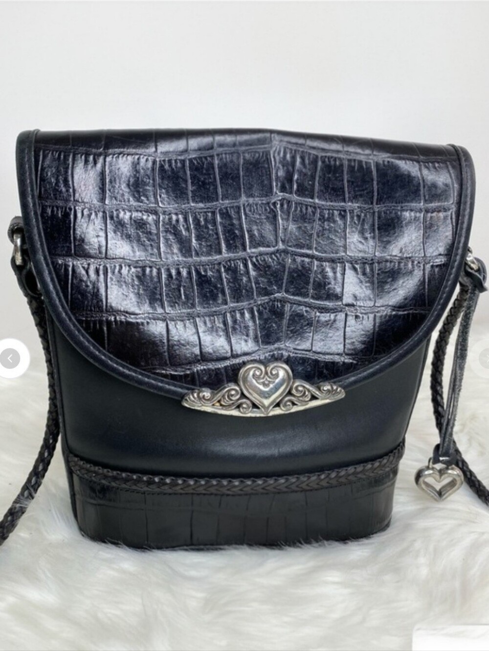 Brighton Vintage Croc Embossed Leather Bucket Crossbody with Heart Medallion